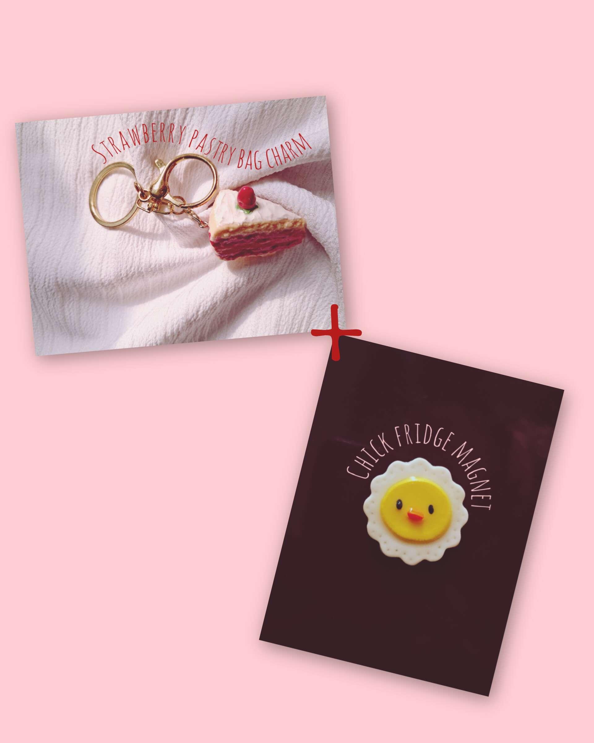 1 strawberry pastry bag charm +1 Chick fridge magnet - Image 1