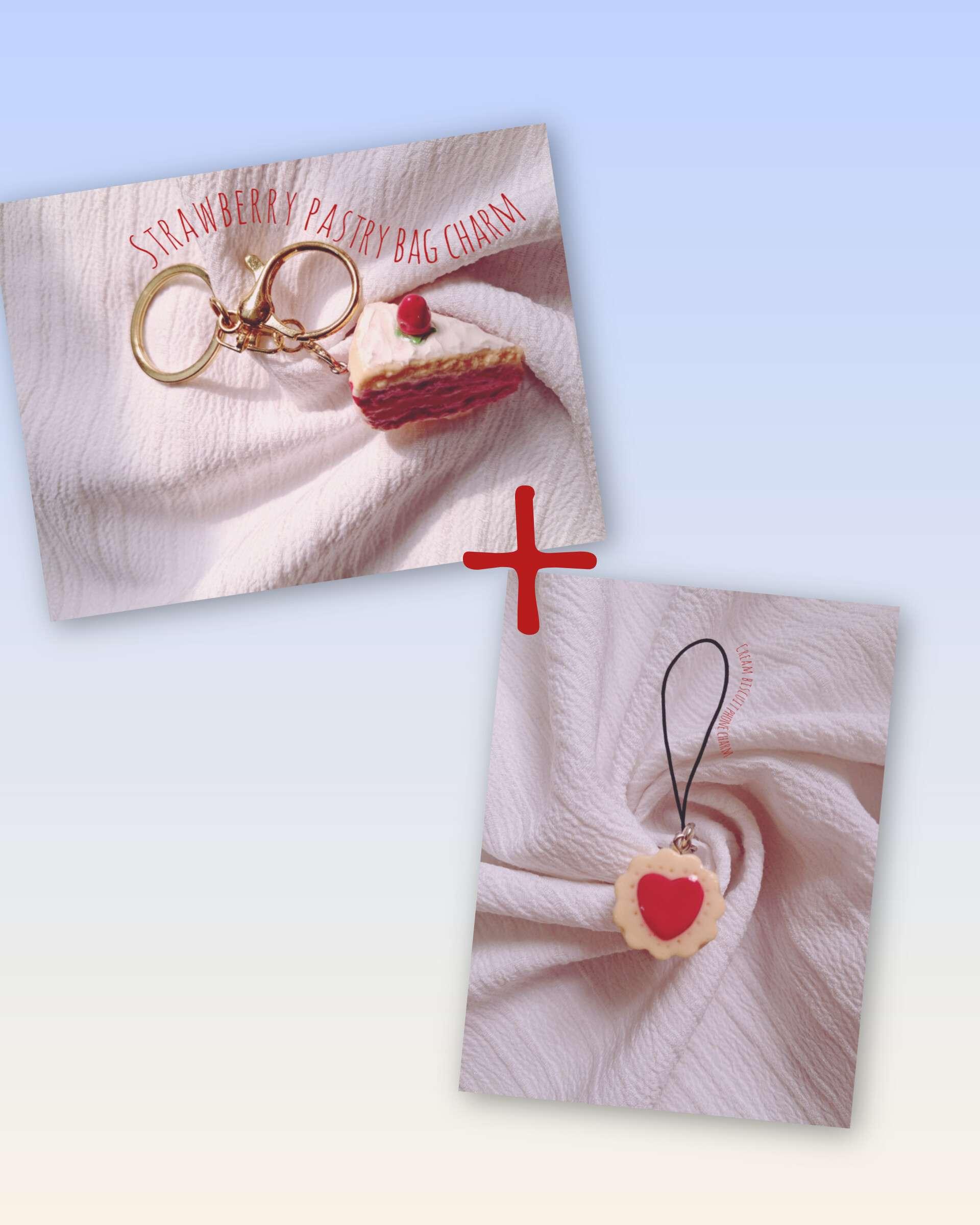 1 strawberry pastry bag charm+1 love-filled cream biscuit phone charm - Image 1
